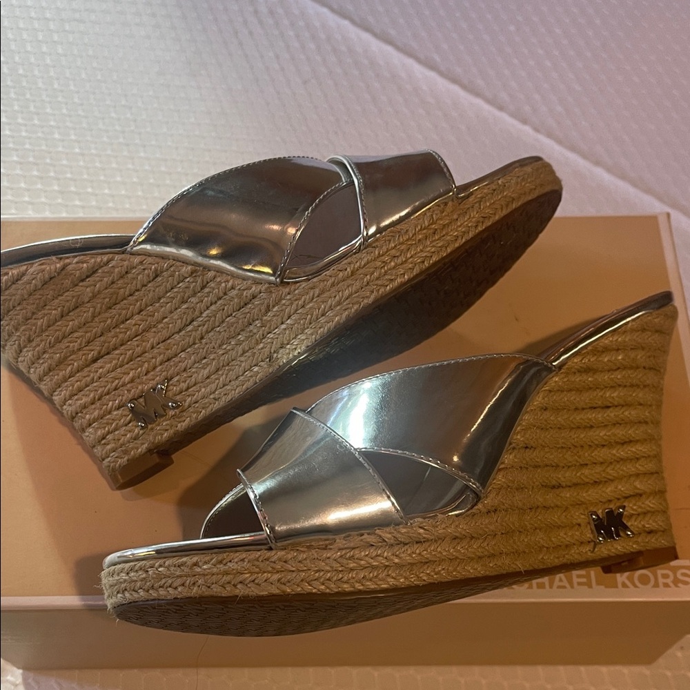 Michael Kors Shiny Silver Wedge Sandals - Picture 8 of 11